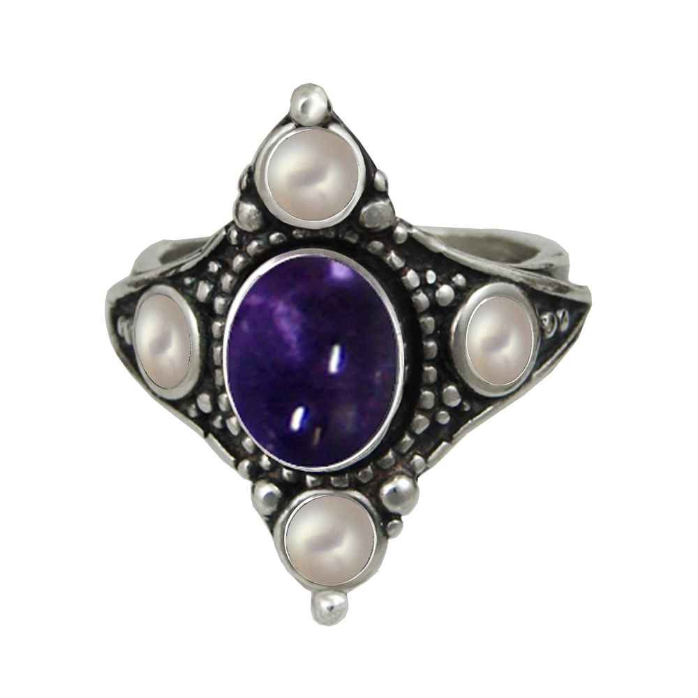 Sterling Silver Queen's Ring With Iolite And Cultured Freshwater Pearl Size 10